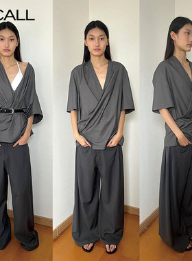 LLCALL 交叉门襟垂感V领西装打褶短袖衬衫