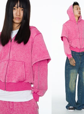 Shapeshifter 假两件做旧连帽卫衣开衫 樱粉