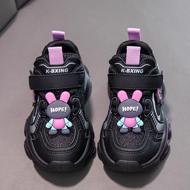 ABC Fans女童鞋子黑色运动鞋卡通童鞋2025春秋新款儿童软底跑步鞋