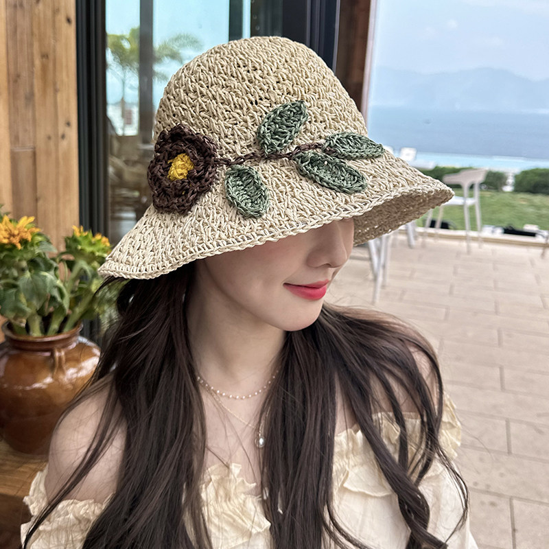 朵澜编织草帽女夏太阳帽镂空海边防晒帽度假遮阳帽可折叠渔夫帽子