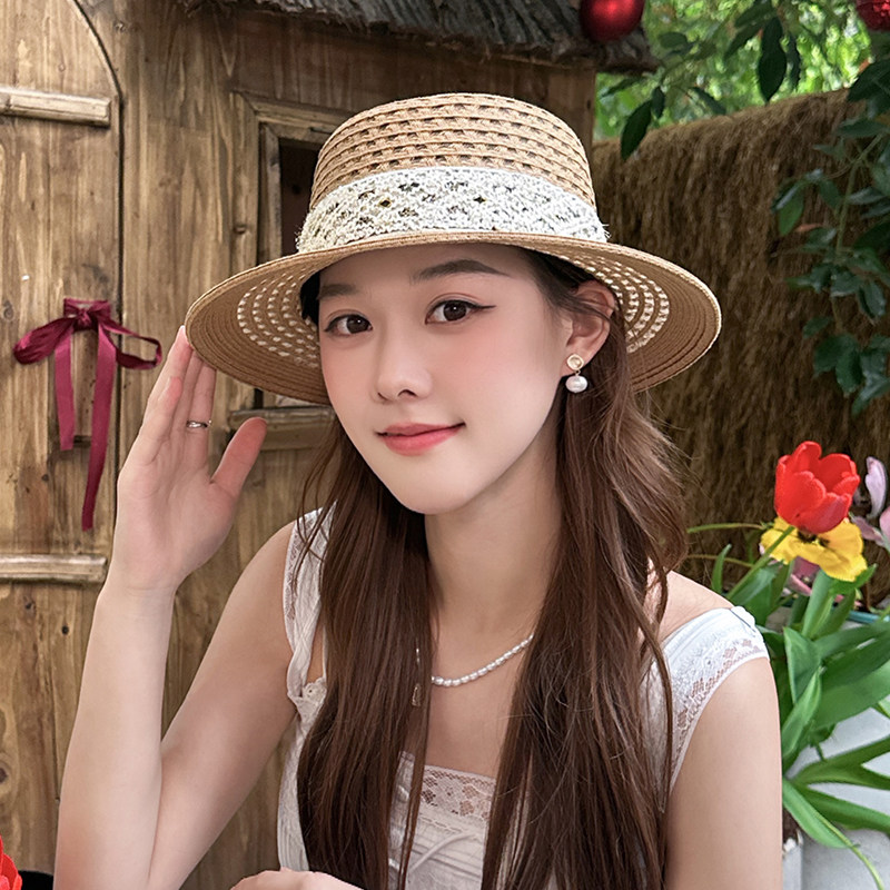 朵澜老钱风复古镂空平顶草帽女夏季新款户外透气度假防晒遮阳帽子