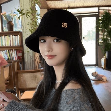 朵澜羊羔绒渔夫帽女秋冬季韩版保暖显脸小盆帽大头围时尚毛绒帽子
