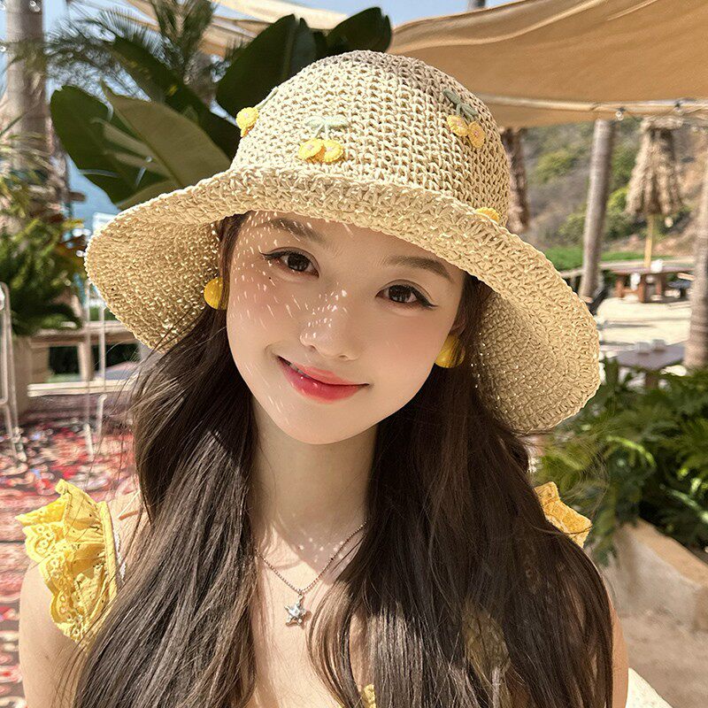 Dorain/朵澜度假风樱桃草帽女手工钩织大檐防晒遮阳出游渔夫帽