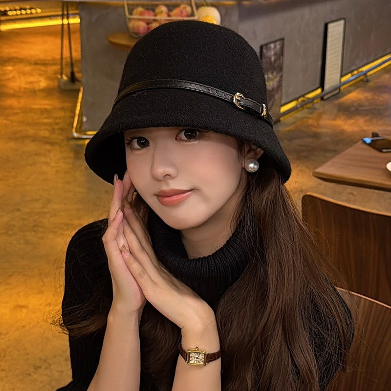 朵澜黑色羊毛呢赫本风渔夫帽女秋冬韩系百搭盆帽气质网红名媛礼帽