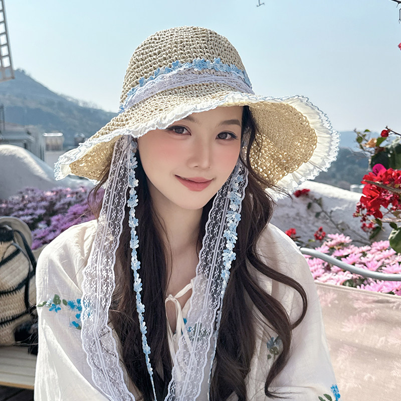 朵澜蕾丝花边系带草帽女夏大帽檐遮阳防晒帽海边沙滩度假太阳帽子