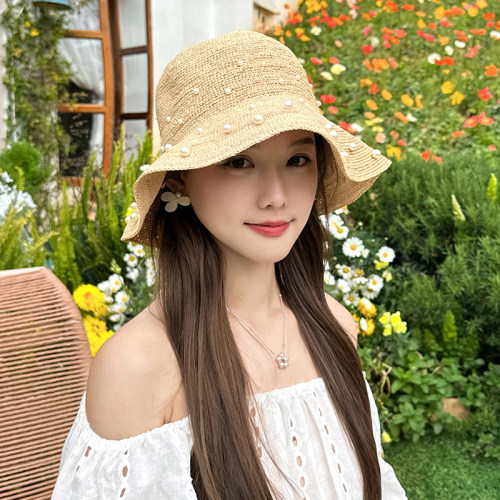 朵澜拉菲草珍珠草帽女夏季新款出游防晒遮阳帽子大檐可折叠渔夫帽