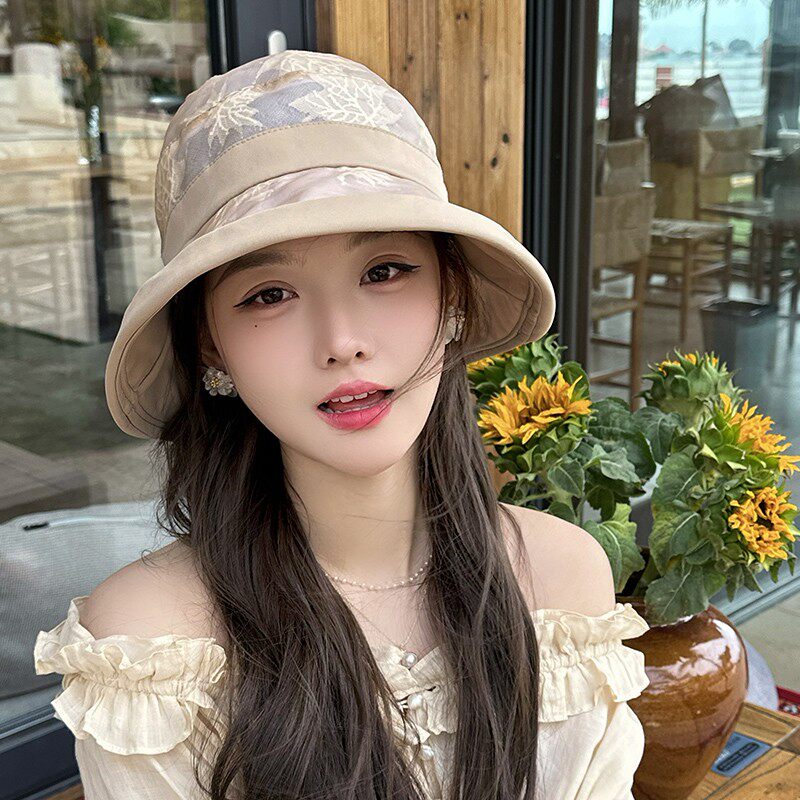 Dorain朵澜新品夏优雅气质卷边防晒帽韩版花朵网纱帽子遮脸显脸小