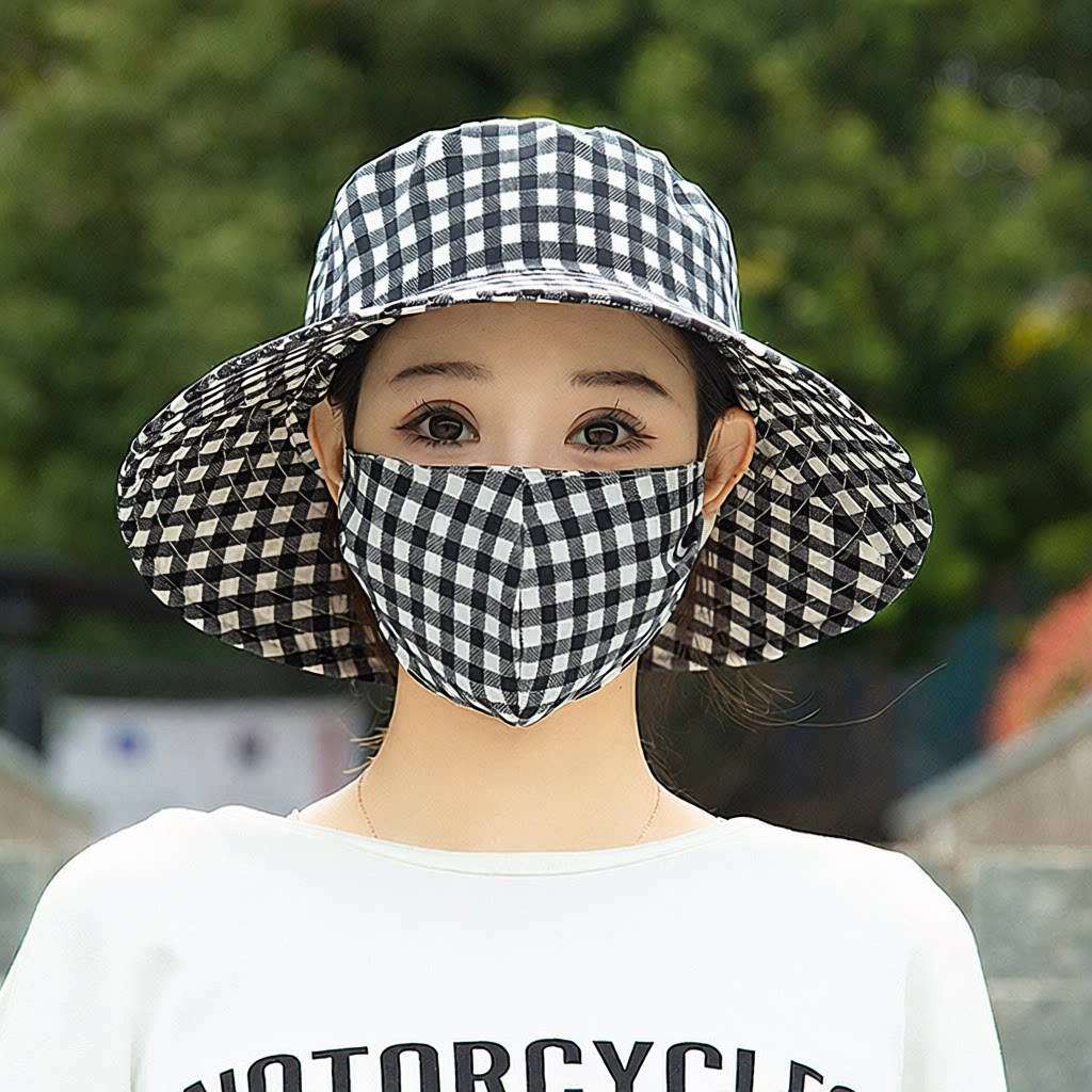 新款防晒帽子口罩大檐采茶帽遮阳帽遮脸夏季防紫外线格子帽