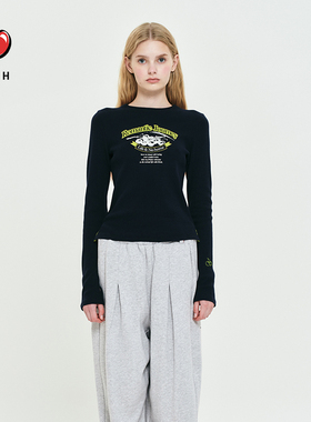 KIRSH大樱桃春季长袖T恤女印花侧开叉休闲上衣修身打底衫