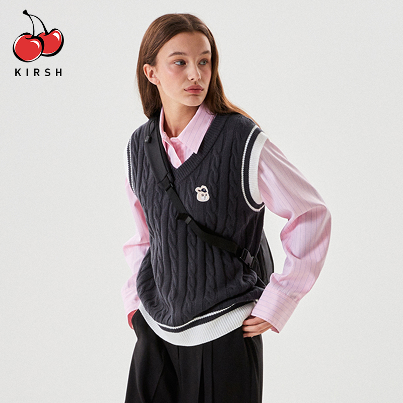 樱桃KIRSH v领麻花针织马甲女秋冬韩版学院风拼色叠穿坎肩背心