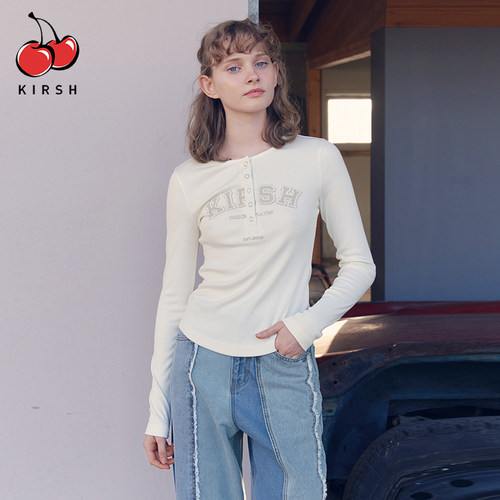 樱桃KIRSH 扣子半开襟长袖t恤女修身显瘦气质针织打底衫韩版上衣