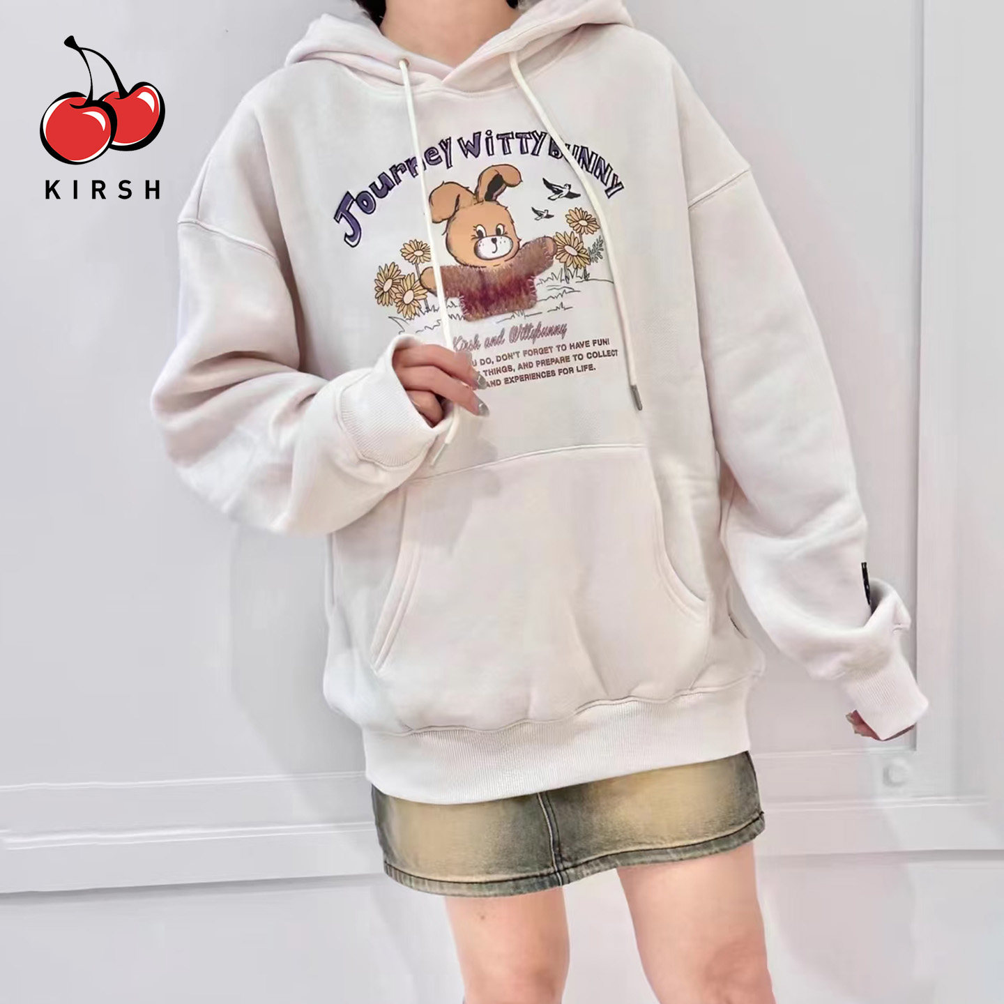 kirsh兔子印花巨好看慵懒加绒连帽卫衣女冬休闲宽松少女减龄上衣图片