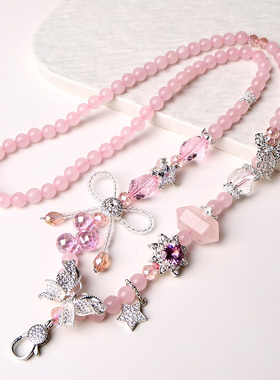 佛牌链子九尾吊坠天然粉晶双尖闪灵水晶链6mm长60狐狸毛衣链女