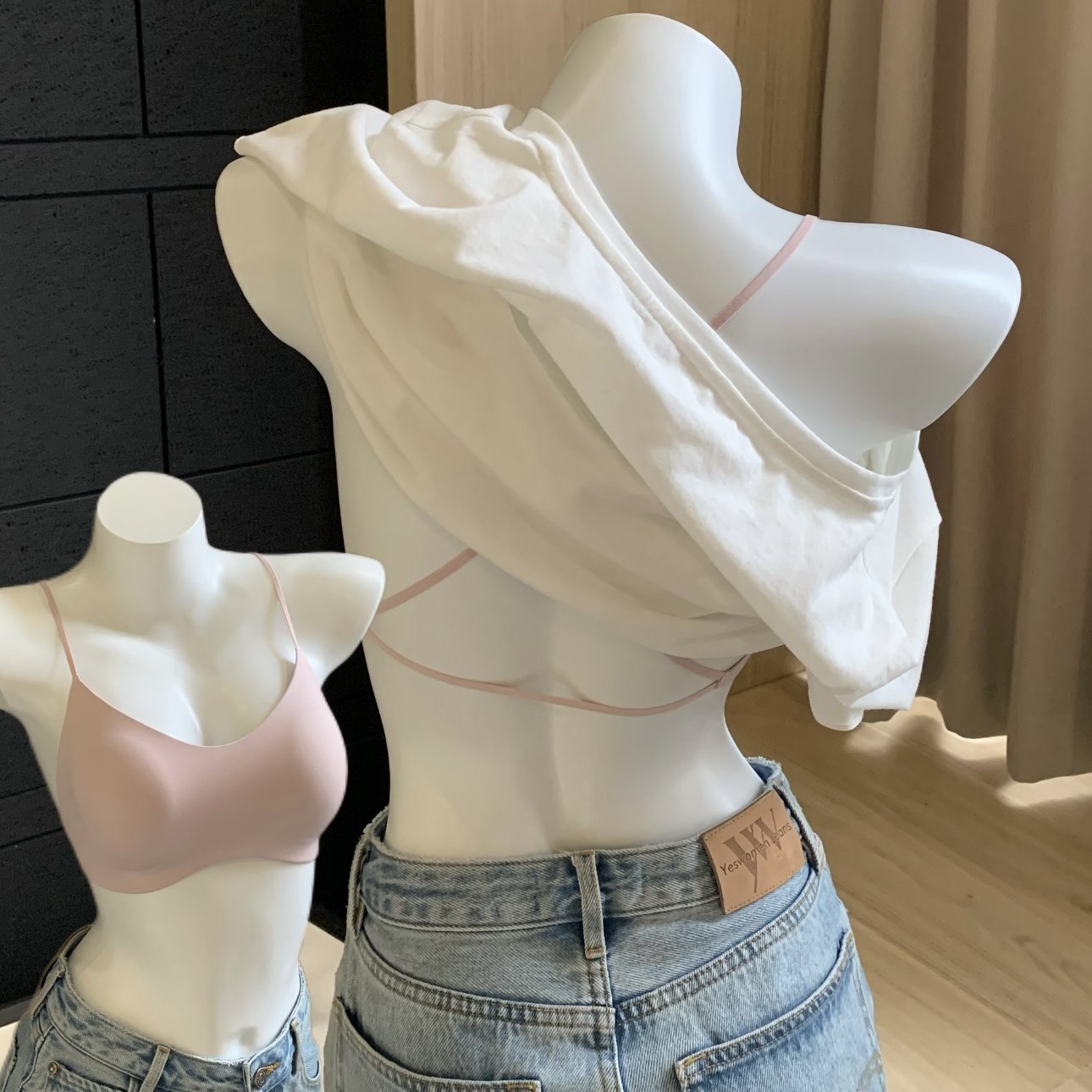 细肩带交叉美背内衣女性感粉底液夏季薄款无痕无钢圈小胸聚拢文胸