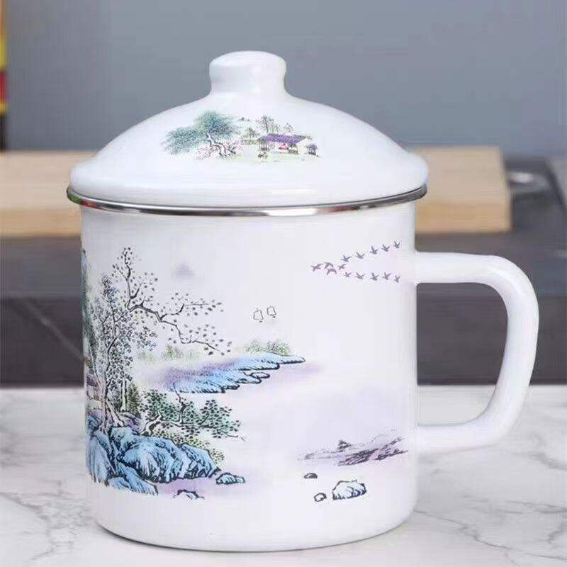 老式搪瓷缸子带盖茶缸子带盖新款茶杯青花瓷