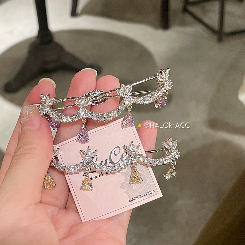 HALOkrACC韩国进口LUCE精工锆石水晶水滴清爽风铃花边扣夹发夹