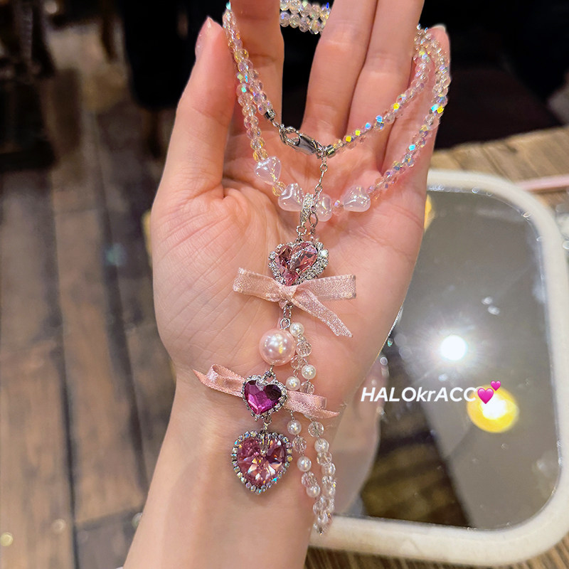 HALOkrACC韩代s水晶今日公主华丽长坠桃红粉色爱心蝴丝带流苏项链,饰品/流行首饰/时尚饰品新,项链,淘宝优惠券,粉丝福利购,淘宝优惠卷