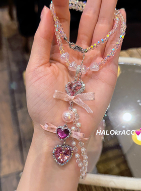 HALOkrACC韩代s水晶今日公主华丽长坠桃红粉色爱心蝴丝带流苏项链
