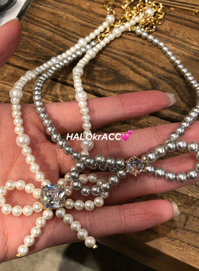 HALOkrACC韩国东大门GIL精工多切面闪钻 灰色海洋珍珠蝴蝶结 项链