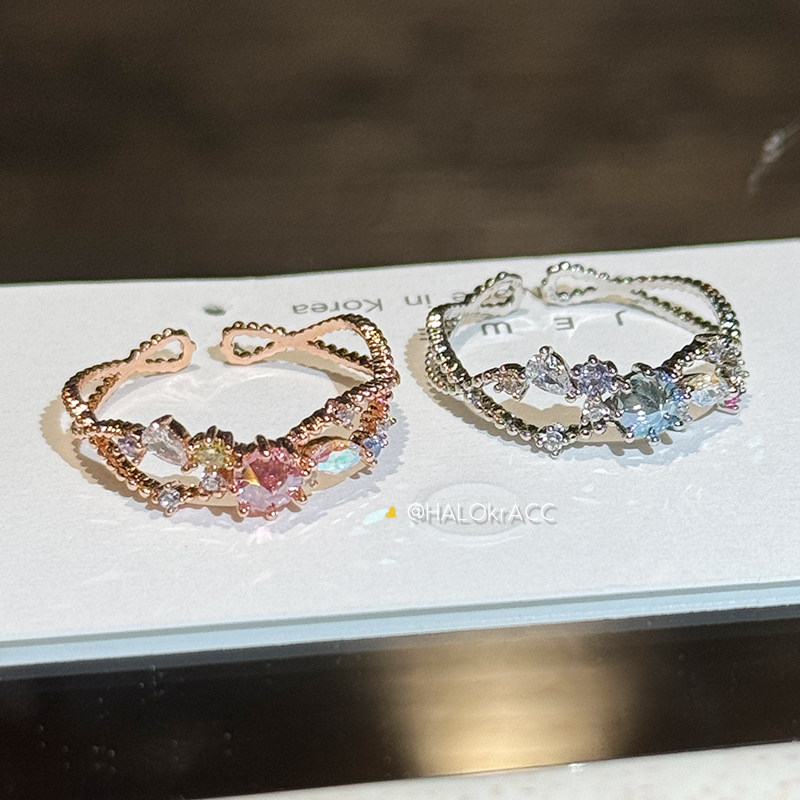 HALOkrACC韩代 J 甜美天空粉蓝冰糖美少女尖水晶花边 戒指