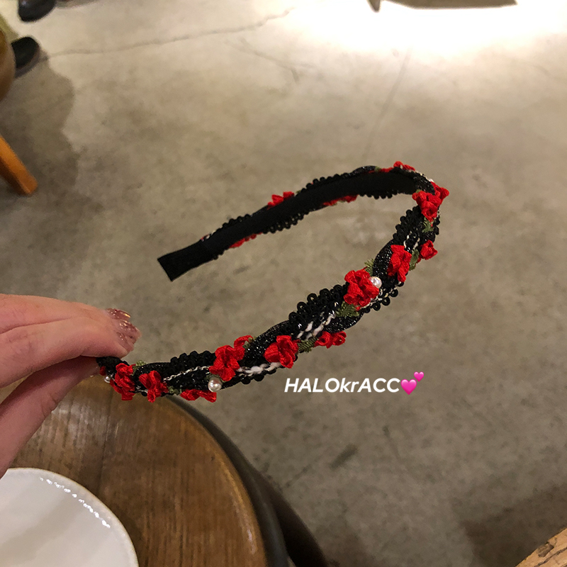HALOkrACC韩国进口 明媚玫瑰庄园刺绣红色花朵复古文艺细款发箍