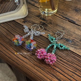 HALOkrACC韩代 y2k多巴胺 电光粉绿撞色冰透樱桃串珠挂件 包挂