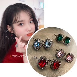 HALOkrACC韩国进口IU李知恩德鲁纳酒店 红绿方块水晶挂钩耳钉耳环