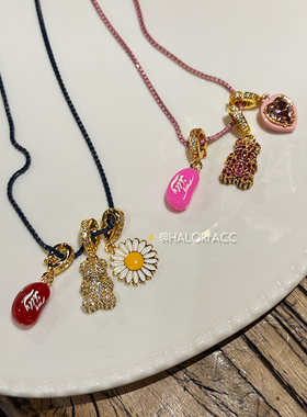 HALOkrACC韩代casti重工金属满钻小熊雏菊按扣彩色混金链条项链