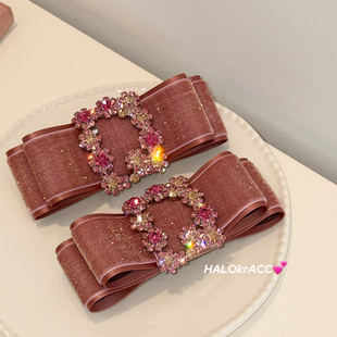 HALOkrACC韩国进口 重工华丽千金流光 金闪厚实缎带花钻方钻发夹