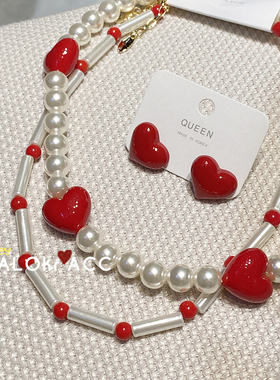 韩国爱豆红色奶油爱心项链耳钉