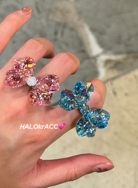 HALOkrACC韩代s水晶 水透波光大颗粉蓝爱心双瓣清透闪亮戒指