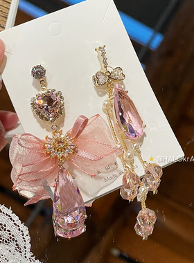 HALOkrACC韩国进口dore仙女公主粉水晶透纱蝴蝶结丝带耳钉耳环