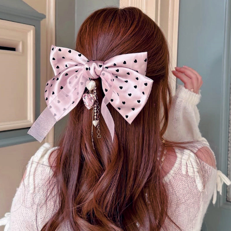 HALOkrACC韩国进口波点黑桃心丝光缎带爱心水钻吊坠夸张发圈发夹