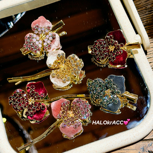 HALOkrACC韩国进口s水晶 莫奈庄园重工丝绒花瓣铃兰花蕊一字发夹