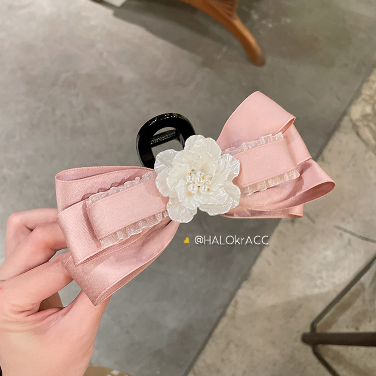 HALOkrACC韩国进口 手工粉色层叠缎带立体花瓣亚克力花朵抓夹