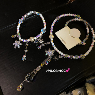 HALOkrACC韩代s水晶 冰波流转清亮雪花水滴流苏 极光白贝串珠项链