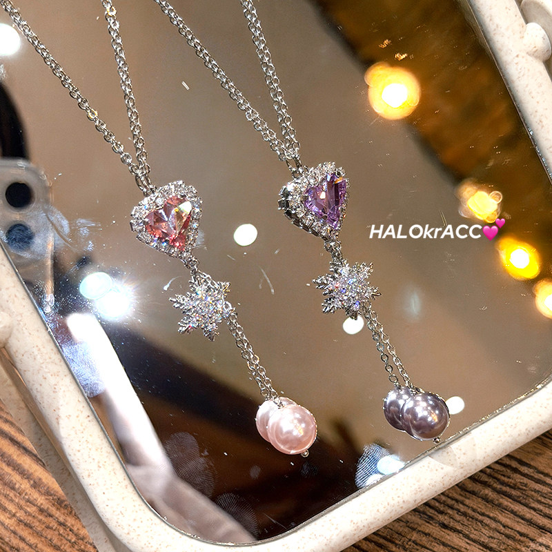 HALOkrACC韩代s水晶碎闪星光火彩雪花炫彩爱心珍珠长坠毛衣链项链