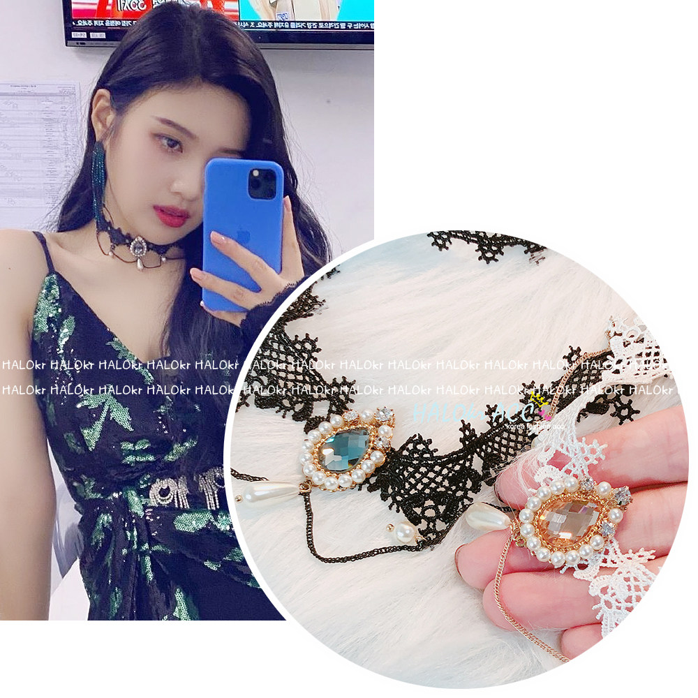 halokracc韩国正品redvelvet joy朴秀荣同款蕾丝交错叶片水滴颈链
