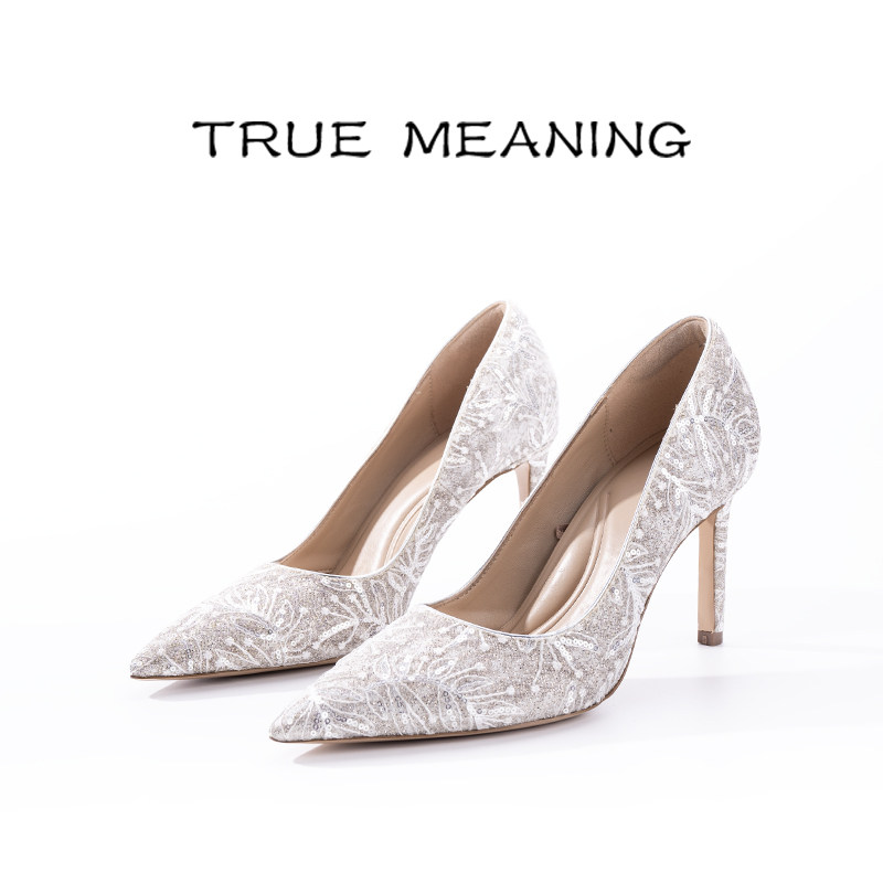 True Meaning原创设计满幅银线闪绣高跟鞋主持尖头细跟女士单鞋