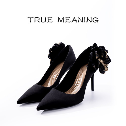 TrueMeaning复古花朵黑高跟鞋
