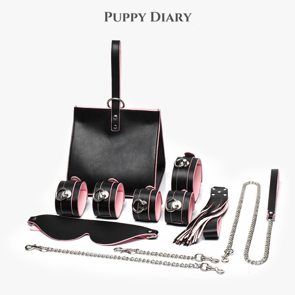 Puppy*皮质收纳包8件套眼罩手环项圈女牵引散鞭脚环链条cos套装