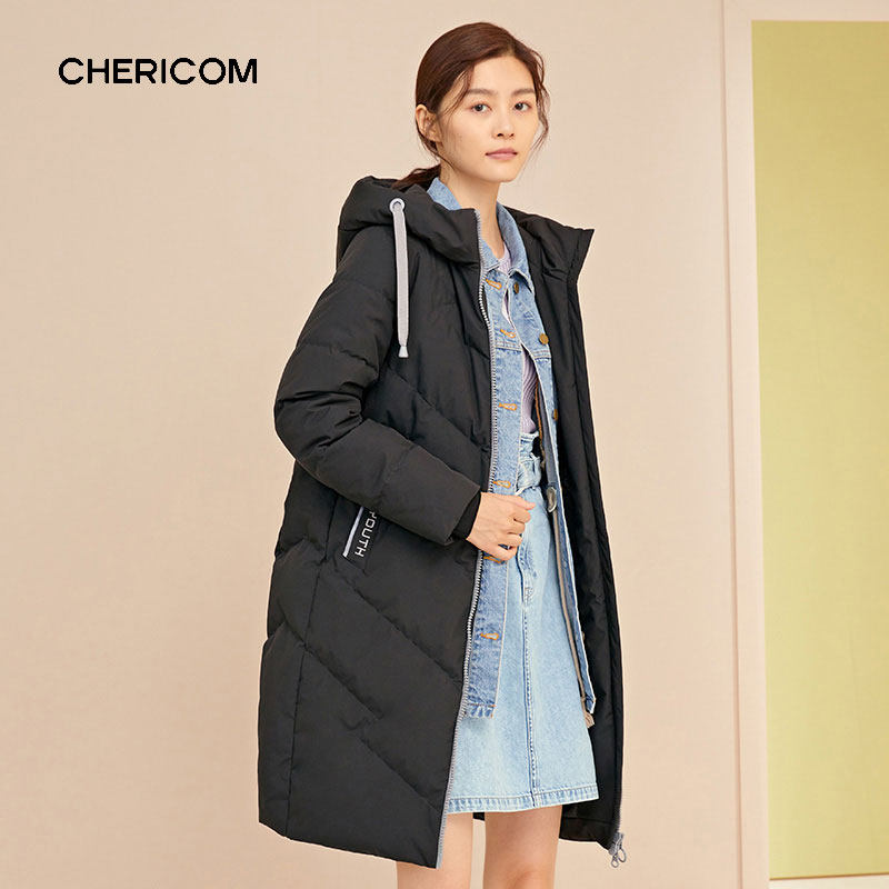 千仞岗反季羽绒服中长款23冬新款休闲修身加厚连帽外套 Y259100Y