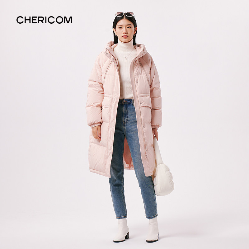 千仞岗冬新款女式纯色中长款连帽羽绒服休闲保暖外套Y299187Y