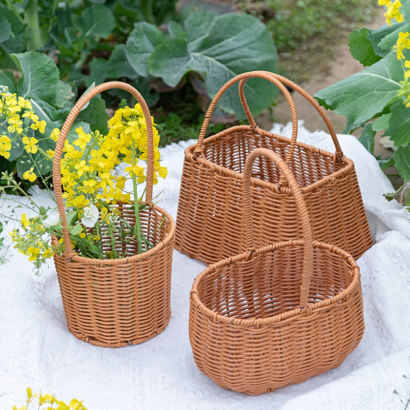 藤编花篮编织插花手工干鲜花拍照道具沙龙水果装饰野餐伴手礼手提