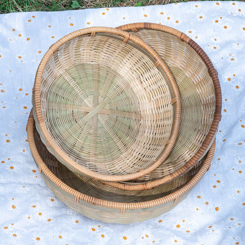 藤条包边竹编果盘馒头竹筐点心盘竹制品收纳筐圆形农家沥水篮篮子,特色手工艺,竹编/竹雕,淘宝优惠券,粉丝福利购,淘宝优惠卷