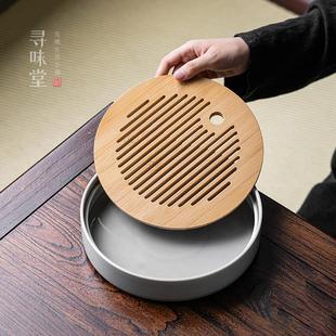 素雅中式 冰灰釉竹面圆形茶盘｜蓄水式 家用储水圆托盘陶瓷功夫茶具