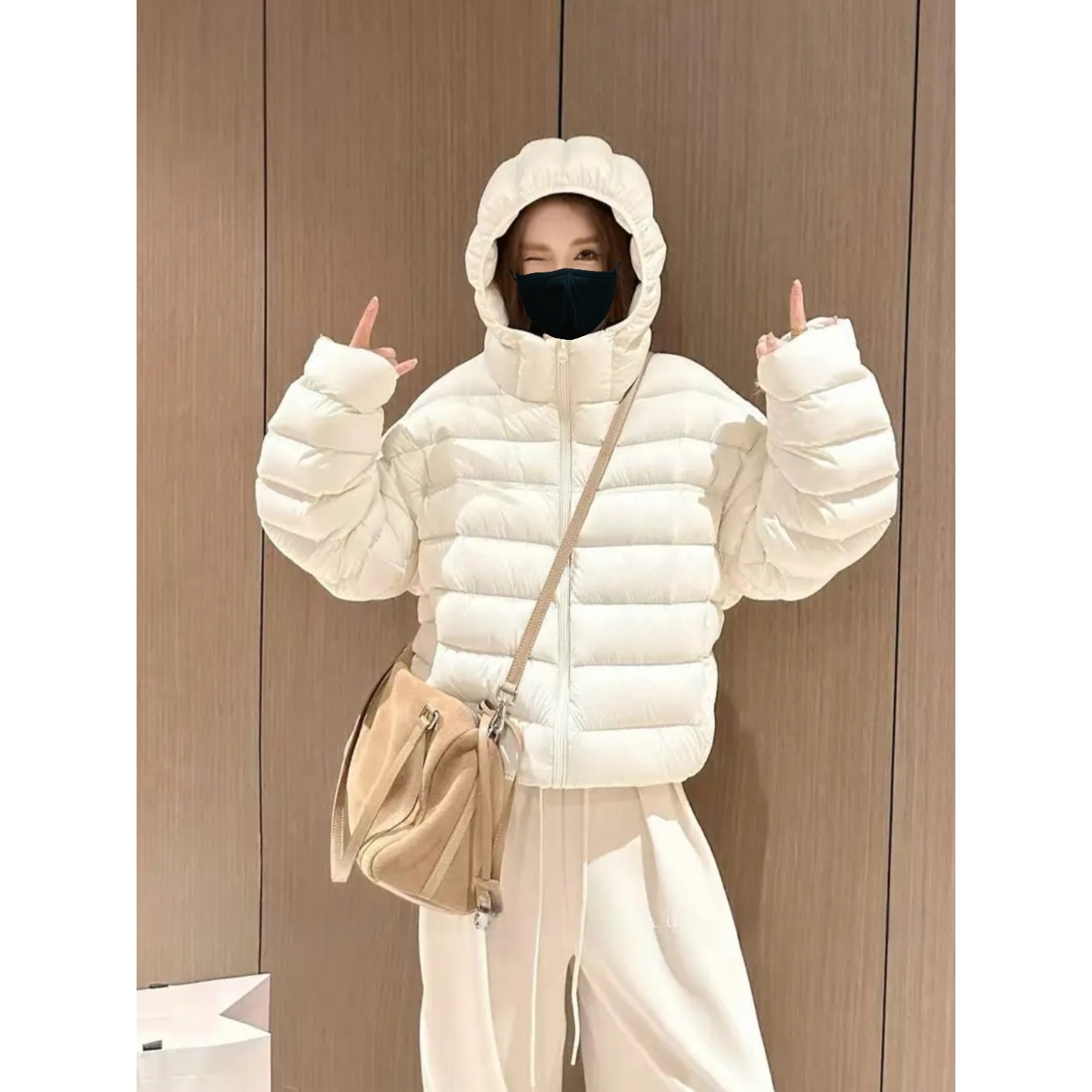 简若羽绒服2025冬季新款排骨女轻薄泡芙短款白鸭绒保暖连帽小个子