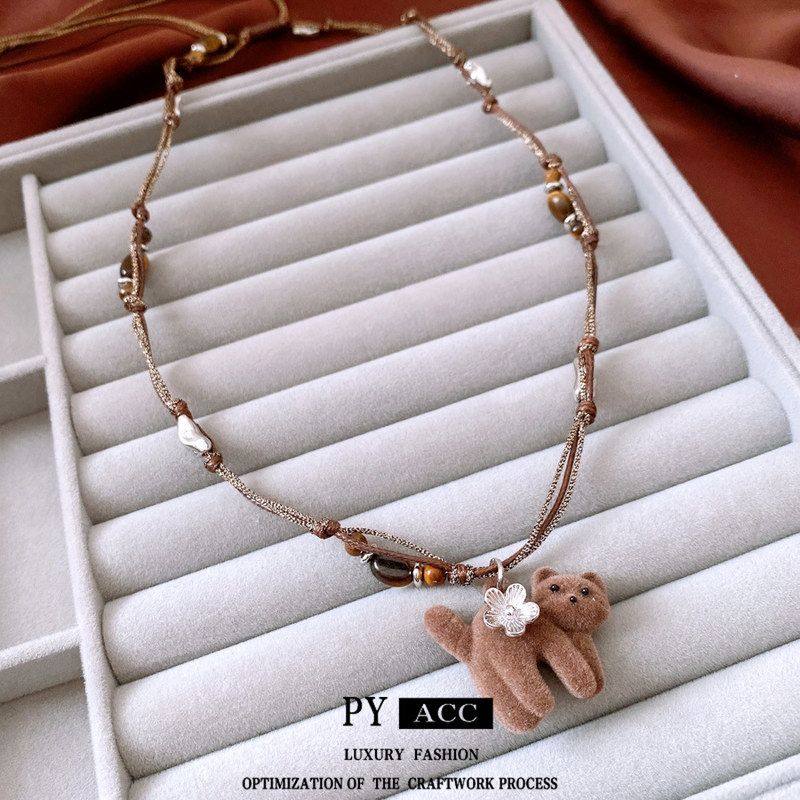 秋冬毛衣链百搭简约项饰女小众串珠风吊坠虎眼石休闲小猫长款项链