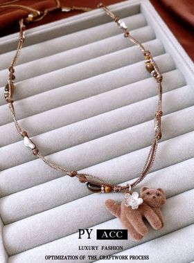 秋冬毛衣链百搭简约项饰女小众串珠风吊坠虎眼石休闲小猫长款项链