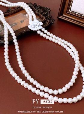 双层串珠花朵项饰中古项链精致珍珠玻璃时尚宫廷风毛衣链吊坠休闲